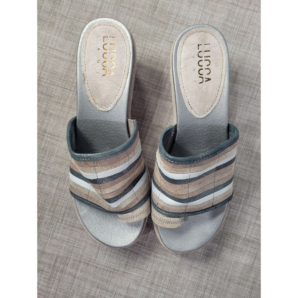 Lucca Lane Leanore Tan Multi Metallic Striped Leather Suede Wedge Sandals 8.5M - Picture 5 of 7